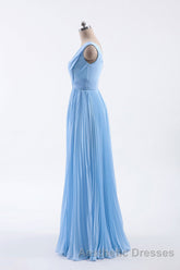 Blue Pleated A-line Chiffon Long Bridesmaid Dresses
